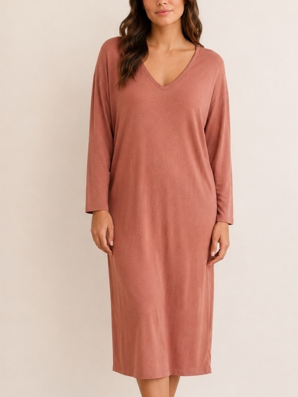 Aritzia Wilfred Tan V-Neck Long Sleeve Oversize Lagenlook Minimalist Midi Dress